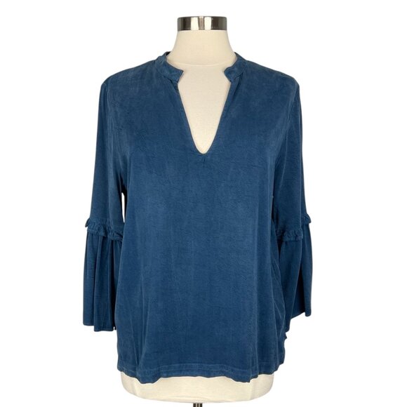 Maven West Womens Bell Sleeve Top Blue Split V Neck Relaxed Fit size Medium - Picture 2 of 12